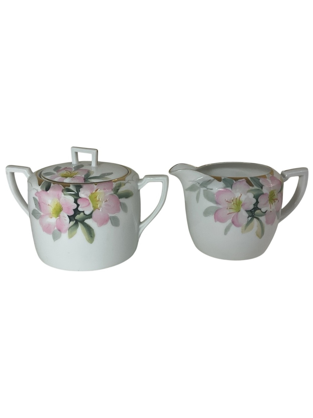 Antique Nippon Hand Painted Azalea Cream & Sugar Set – Gold Trim Japan
